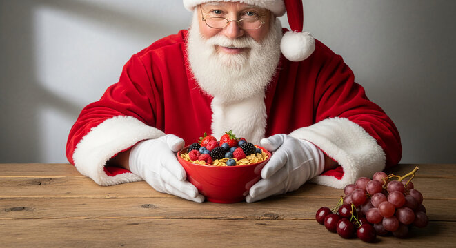 Image of person dressed as santa claus holding bowl filled with berry, cereal and fruit, representing holiday cheer and healthy choices during christmas - Powered by Adobe
