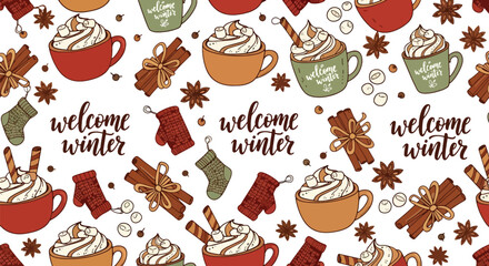 Flat vector winter wallpaper with mugs, marshmallows, cinnamon sticks, and cozy treats. Ideal for warm seasonal décor, café branding, packaging, and festive backgrounds