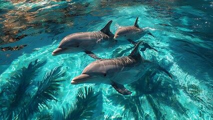 Obraz premium Dolphins Swimming in Clear Tropical Pool Water Under Bright Sunshine