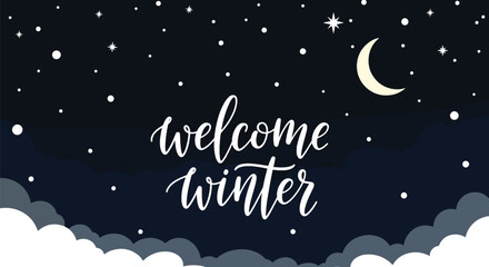 Naklejka premium Flat vector winter night sky wallpaper with stars, moon, and falling snow. Ideal for holiday cards, winter websites, seasonal posters, and calm decorative backgrounds