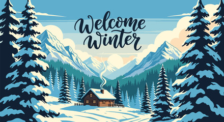 Flat vector winter cabin scene with snowy mountains, pines, and chimney smoke. Ideal for travel graphics, winter backgrounds, greeting cards, and cozy seasonal décor