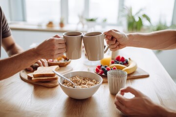 Two people making a coffee toast over a table set with breakfast items in a bright kitchen of a shared apartment, illustrating morning routine, cohabitation, and togetherness