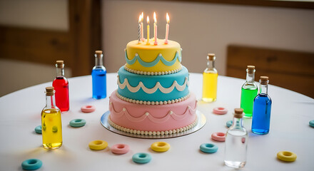Colorful and decorative three-layer birthday cake centerpiece on a white tablecloth, suggesting a happy and vibrant indoor celebration event.