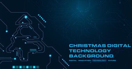 High tech christmas tree technology geometric and connection system background with digital data abstract. Electronic dark blue background wallpaper. Vector illustration.