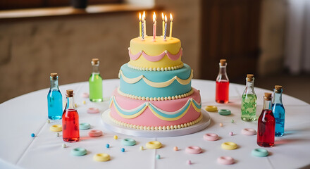 Close-up of a festive birthday table showcasing a layered cake with scallop details and five lit candles, emphasizing confectionery and party atmosphere.