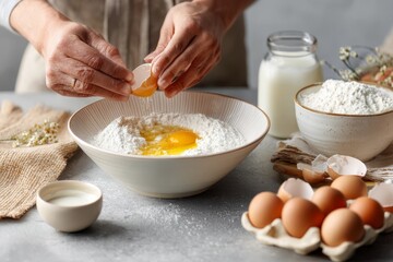 Close-up photo of a person's hands cracking eggs, dropping the yolk and white directly into a bowl of flour and milk, detailing the start of pancake or crepe batter preparation and ingredient mixing