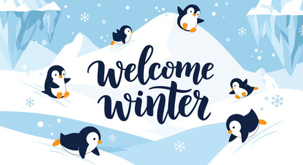 Flat vector wallpaper with adorable penguins sliding on snow with snowflakes. Ideal for kids’ products, winter merchandise, wallpapers, and playful seasonal designs