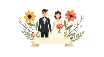 Cartoon wedding couple holding hands surrounded by flowers and a banner for text.