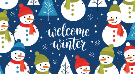 Flat vector wallpaper with snowmen wearing hats and scarves among winter elements. Ideal for Christmas cards, festive décor, wrapping paper, and family-friendly seasonal art