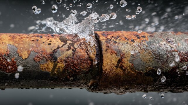 Weathered rusty metal pipe with splattering water droplets in motion
