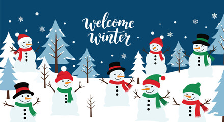 Flat vector wallpaper with snowmen wearing hats and scarves among winter elements. Ideal for Christmas cards, festive décor, wrapping paper, and family-friendly seasonal art