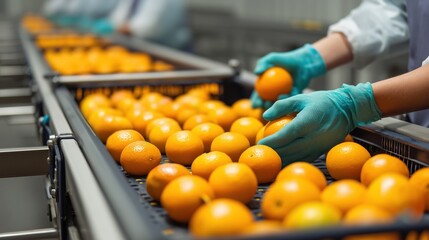 Workers sorting oranges in factory warehouse for quality control and distribution process