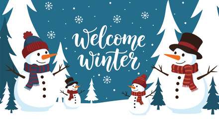 Flat vector wallpaper with snowmen wearing hats and scarves among winter elements. Ideal for Christmas cards, festive décor, wrapping paper, and family-friendly seasonal art