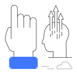 Growth concept. Linear hand gesture with head and upward arrows growth, improvement, and innovative thinking. Growth in personal development, business, mindset, productivity, and innovation