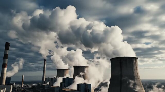 Steam and smoke rising from large cooling towers of a power station