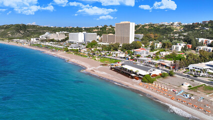 Aerial drone photo of famous seaside area of Ixia popular for luxury hotels and resorts in island of Rhodes, Dodecanese, Greece