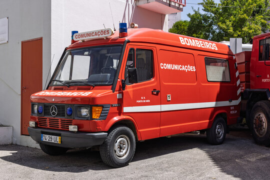A vintage red Mercedes-Benz 310D van used as a communications vehicle for the Portuguese fire department (Bombeiros) in Porto de M&oacute;s, Portugal. Parked.