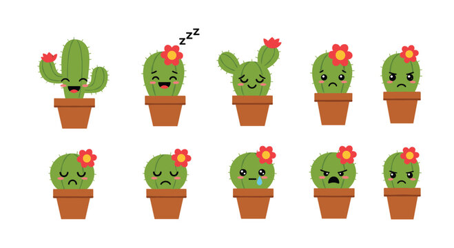 A cute collection of kawaii cactus characters in pots showing a variety of funny and emotional facial expressions.