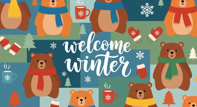 Flat vector wallpaper featuring adorable winter bears wearing scarves with tiny snowflakes. Ideal for children’s décor, apparel prints, packaging, and cozy winter themes