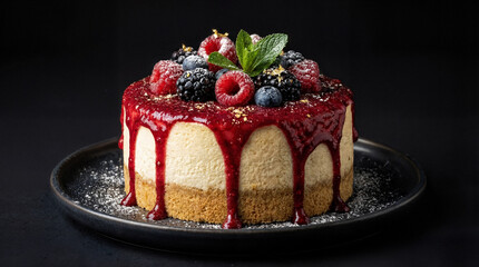 Homemade cheesecake with berry and mint topping on a dark background