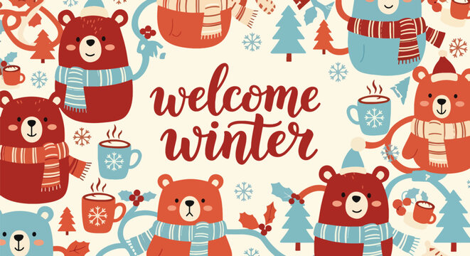 Flat vector wallpaper featuring adorable winter bears wearing scarves with tiny snowflakes. Ideal for children’s décor, apparel prints, packaging, and cozy winter themes