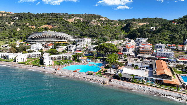 Aerial drone photo of famous seaside area of Ixia popular for luxury hotels and resorts in island of Rhodes, Dodecanese, Greece