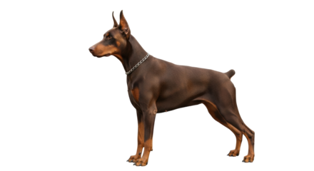Isolated Doberman Pinscher standing tall, strong muscular build, alert and watchful pose