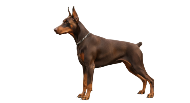 Isolated Doberman Pinscher standing tall, strong muscular build, alert and watchful pose