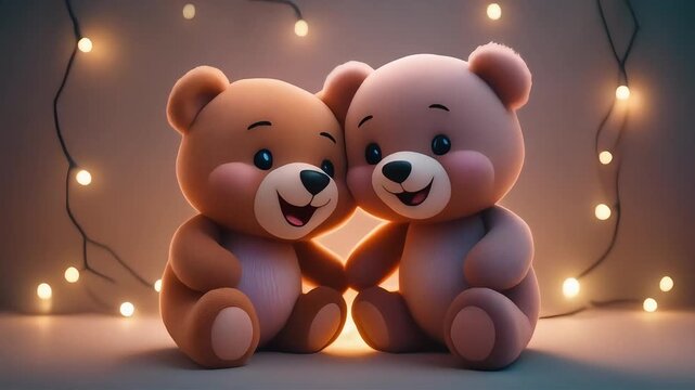 Charming 3D animated teddy bear couple sitting together, smiling happily amidst glowing bokeh string lights, perfect for Valentine's Day videos and sweet children's commercials.