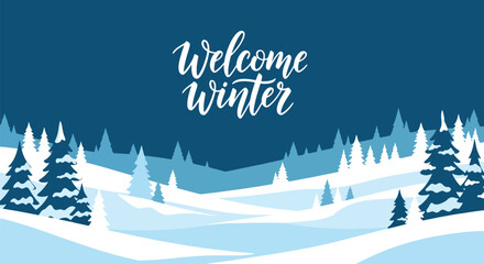 Flat vector wallpaper with snowy hills, trees, and falling snow arranged in border layout. Ideal for greeting cards, seasonal web backgrounds, and holiday decorative themes