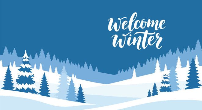 Flat vector wallpaper with snowy hills, trees, and falling snow arranged in border layout. Ideal for greeting cards, seasonal web backgrounds, and holiday decorative themes