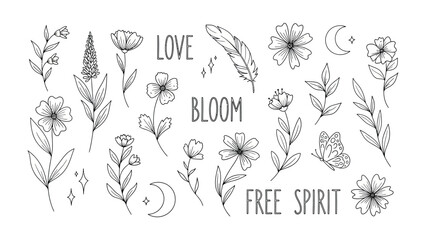 Botanical Delight: An intricate collection of hand-drawn floral and whimsical elements, designed to celebrate beauty, love and free spirit.