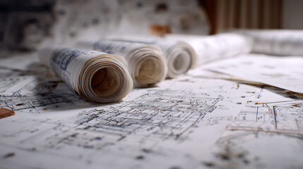 Architectural blueprints and rolled plans on a desk architectural plans rolled documents
