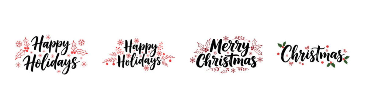 Merry Christmas, Happy Holidays, Happy New Year festive greeting with red holly berries, snowflakes, and elegant script set on transparent background