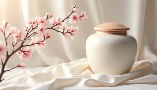 Elegant white cremation urn with pale pink lid. Delicate cherry blossom branch decorates scene. Photo symbolizes remembrance grief loss memory and tribute to life.