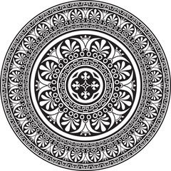 Vector black monochrome classic Greek round ornament. Circle of Ancient Greece and the Roman Empire. Byzantine painting of walls, floors and ceilings. Decoration of European palaces.