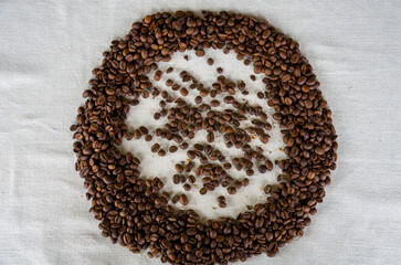 Roasted Coffee Beans Forming a Circle on Neutral Linen Background