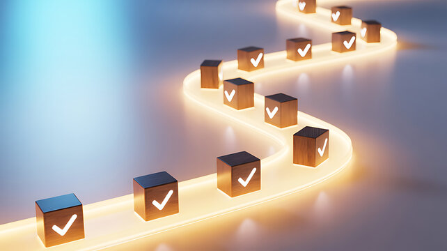Abstract rendering of a glowing winding light path dotted with metallic cubes bearing white checkmarks symbolizing steps completed in a business workflow or project success journey