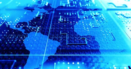 Artificial Intelligence data flow across futuristic digital world map. Digitalization of the world abstract 3d concept. - Powered by Adobe