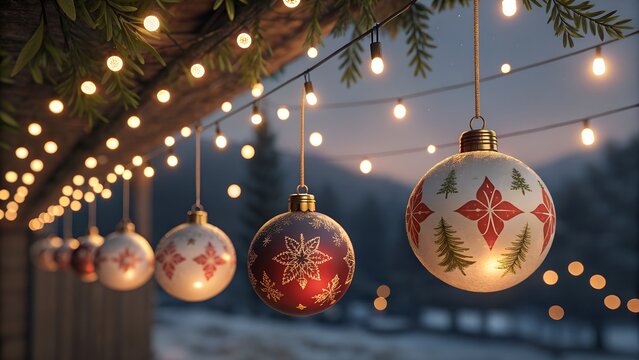 Hanging christmas ornaments glowing softly under string lights festive red white outdoor night bokeh