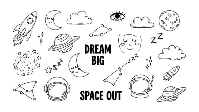 Dream Big, Space Out: A whimsical illustration with a rocket ship, planets, constellation, astronaut helmet, and moons invites the viewer to imagine and reach for the cosmos.