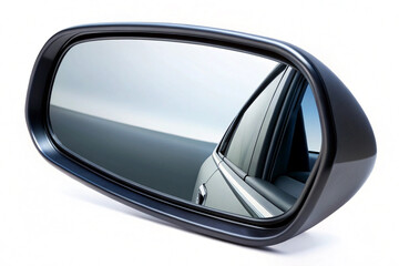 Reflection of a car driving down a scenic road inside mirror