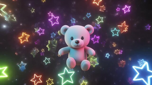 Cute 3D animated teddy bear floating in space surrounded by colorful, neon glowing stars, perfect for children's entertainment and bedtime stories.