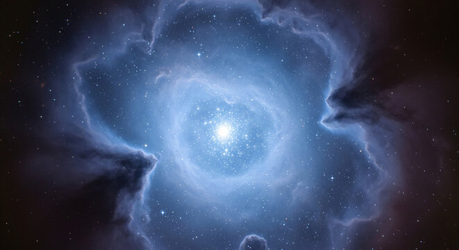 Wide shot of cosmic dust cloud with cluster of bright stars, radiating celestial energy, representative of universe, galaxy, nebula, or stellar event