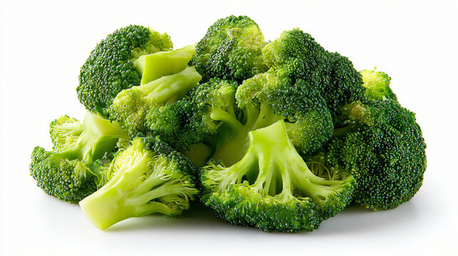 Pile of fresh green broccoli florets isolated on white background