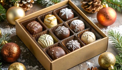 A delicious box of gourmet chocolates decorated with snowflakes