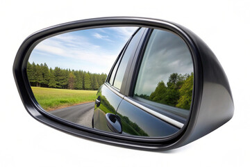 Reflection of a car driving down a scenic road inside mirror