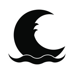 Full black silhouette of crescent moon above rising wave created for night ocean themed design Vector illustration