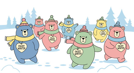 Kawaii bears in scarves and beanies with “Enjoy Winter” accents in snowy seamless design. Ideal for kids’ apparel, winter packaging, cute branding, and seasonal illustrations