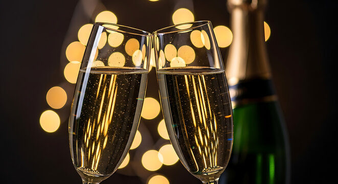 Festive holiday moment captured: two elegant champagne glasses filled with bubbly liquid, illuminated by warm, blurred golden lights. - Powered by Adobe